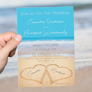 Beach Wedding 2 Hearts Sand Wedding Ocean Blue Inv Invitation
