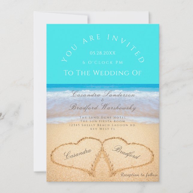 Beach Wedding 2 Hearts Sand Wedding Teal Blue Invitation (Front)