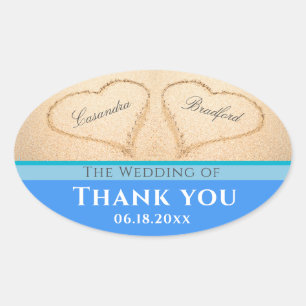 Beach Wedding 2 Hearts Sand  Wedding  Thank You  Oval Sticker