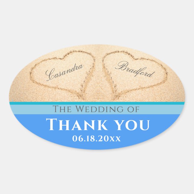 Beach Wedding 2 Hearts Sand  Wedding  Thank You  Oval Sticker (Front)