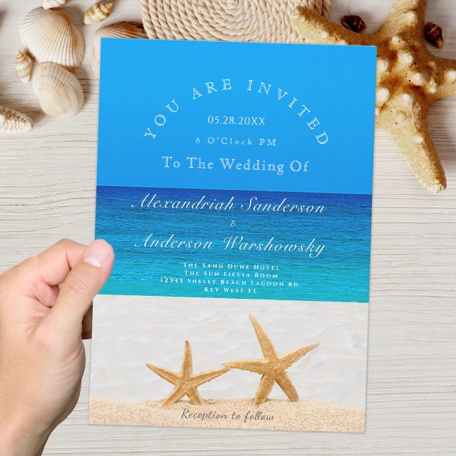 Beach Wedding 2 Starfish in Sand  Wedding Invitation (Creator Uploaded)