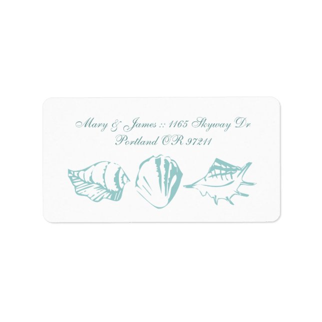 Beach Wedding Address Blue Seashells Label (Front)