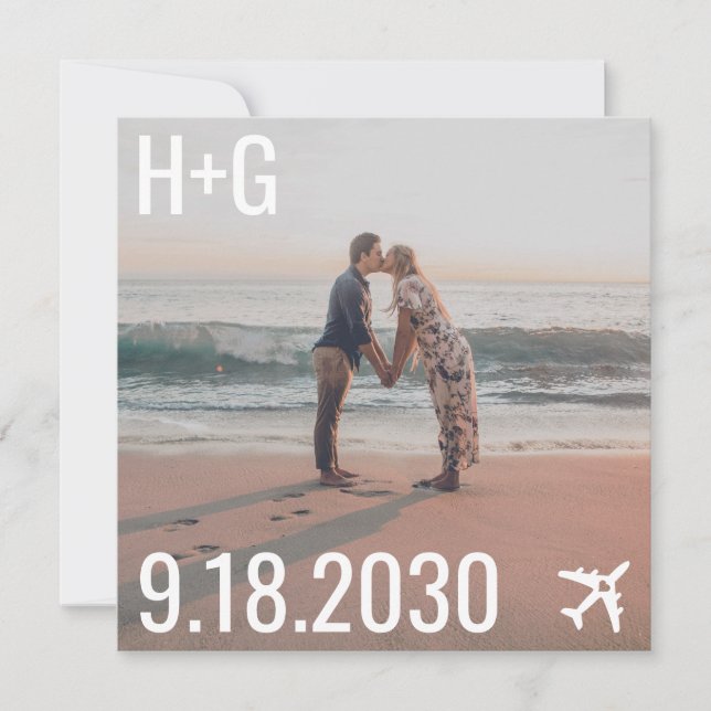 Beach Wedding Aeroplane Destination Square Photo Save The Date (Front)