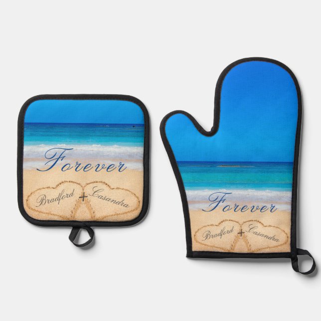  Beach Wedding /Anniversary Keepsake Hearts Sand  Oven Mitt & Pot Holder Set (Front)