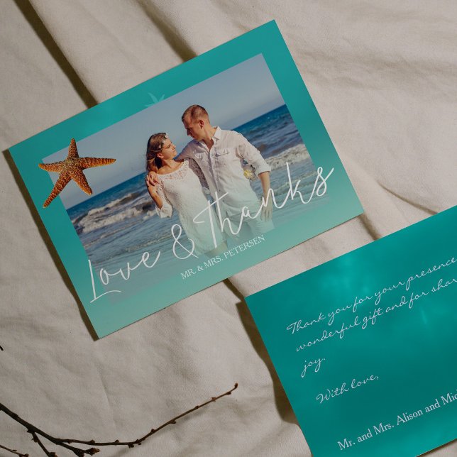 Beach wedding aqua blue starfish  thank you photo card (Creator Uploaded)