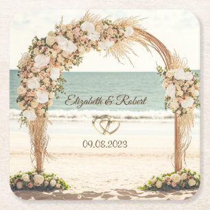 Beach Wedding Arbor Roses Square Paper Coaster