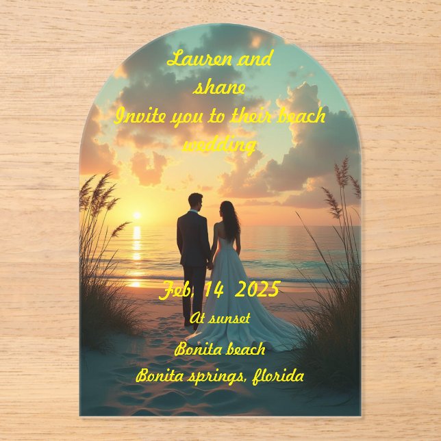 Beach wedding at sunset acrylic invitations (Front)
