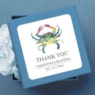 Beach Wedding Blue Crab Thank You Favour Square Sticker