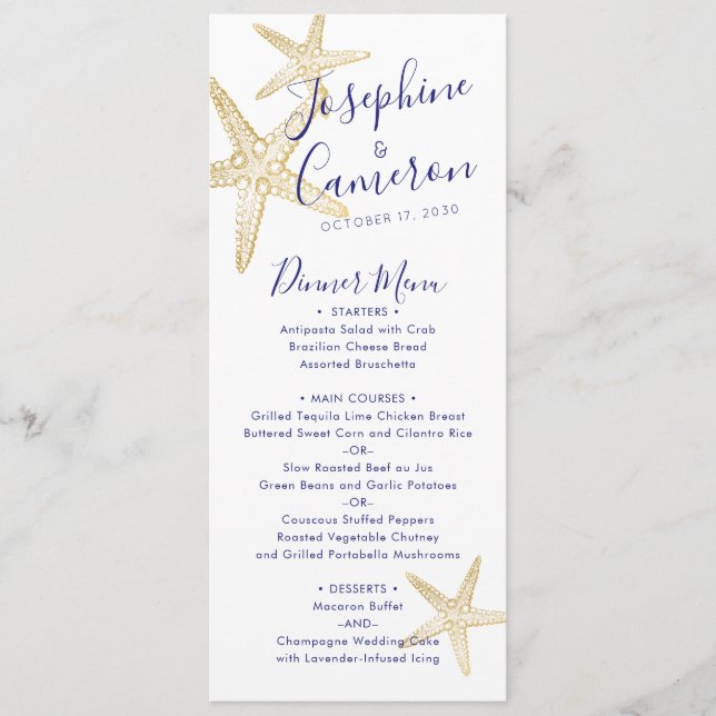 Beach Wedding Blue Gold Starfish Modern Menu (Front)