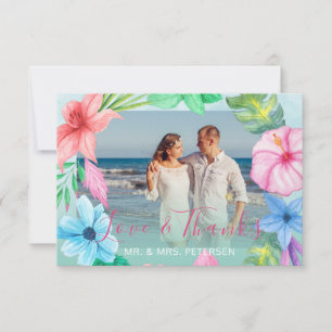 Beach wedding blue pink tropical PHOTO thank you