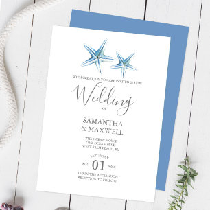 Beach Wedding Blue Watercolor Starfish Invitation