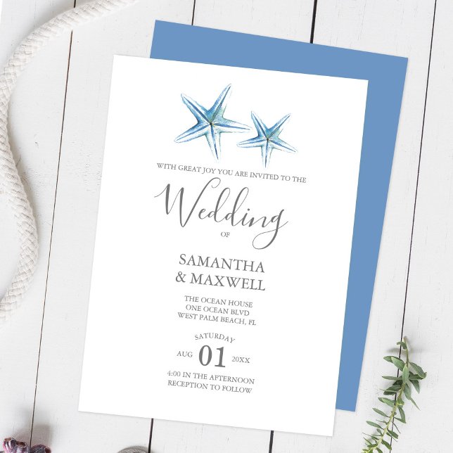Beach Wedding Blue Watercolor Starfish Invitation (Creator Uploaded)
