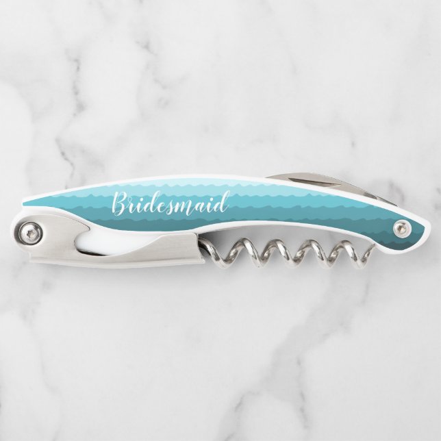 Beach Wedding Blue Waves Bridesmaid with Name  Corkscrew (Front)