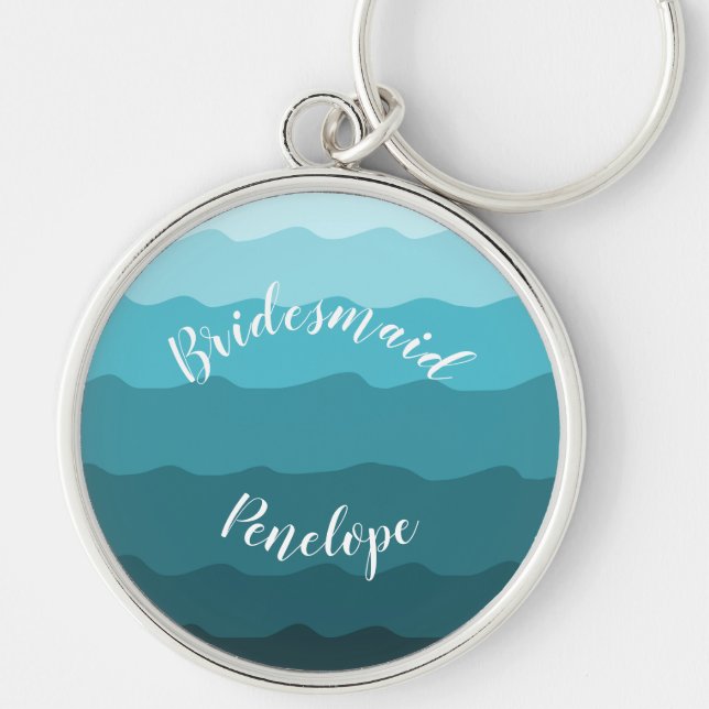 Beach Wedding Blue Waves Bridesmaid with Name   Key Ring (Front)
