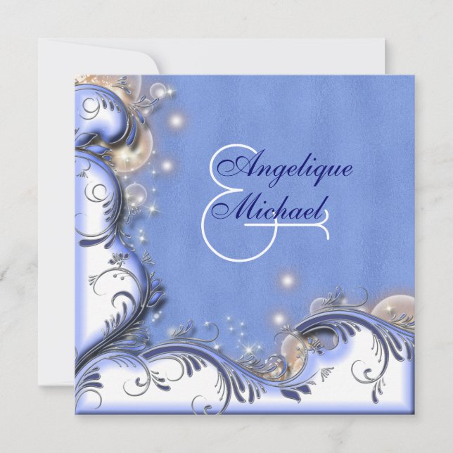 Beach wedding blue white silver invitation (Front)