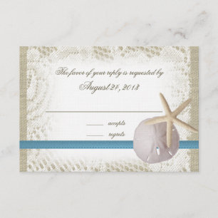 Beach Wedding Blue with Sand Dollar and Starfish RSVP Card