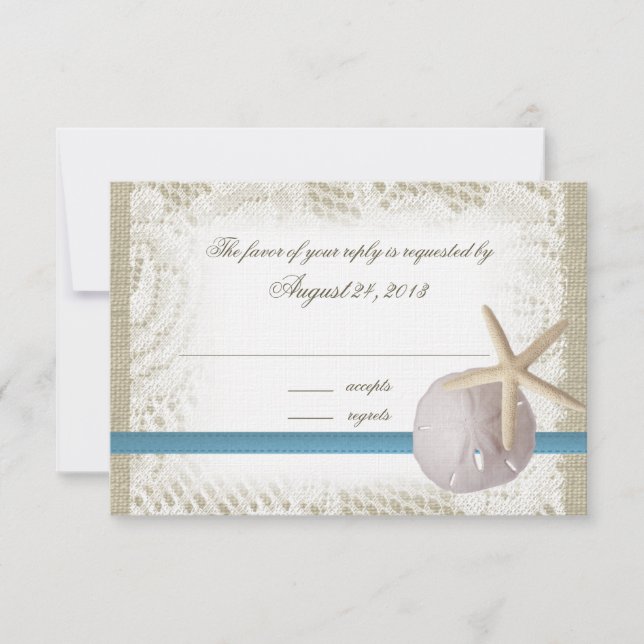 Beach Wedding Blue with Sand Dollar and Starfish RSVP Card (Front)