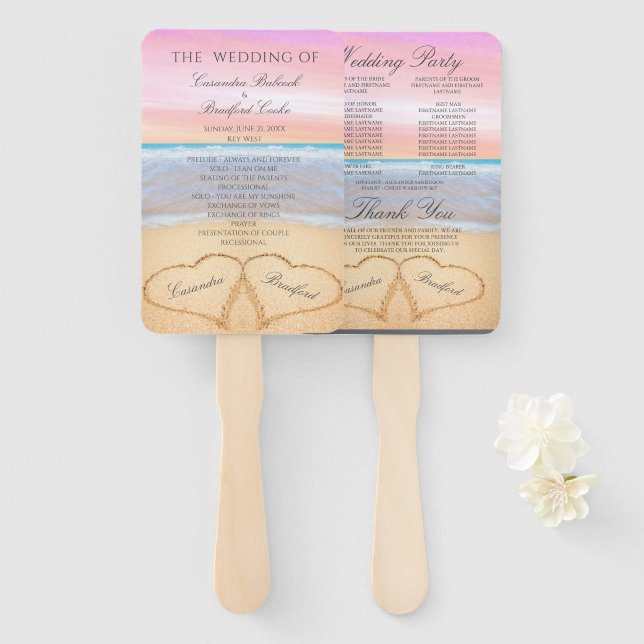 Beach Wedding  Blush Pink Hearts in Sand Hand Fan (Front and Back)