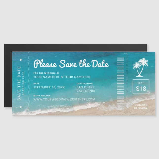Beach Wedding Boarding Pass Teal Sea Save the Date Magnetic Invitation (Front/Back)