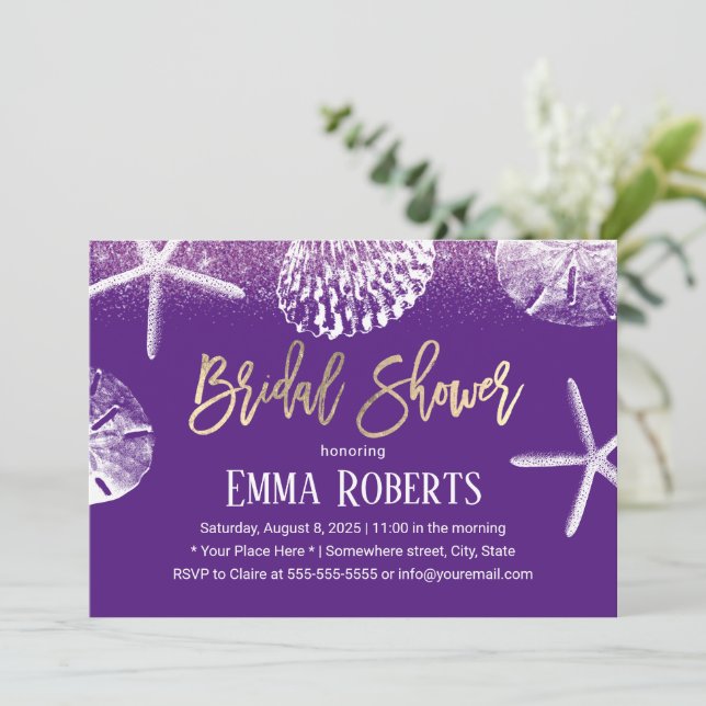 Beach Wedding Bridal Shower Purple Seashells Invitation (Standing Front)