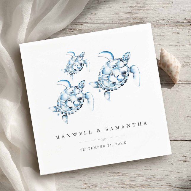 Beach Wedding Cocktail Napkins Sea Turtles (Beach wedding personalized cocktail napkins with watercolor sea turtle art by Victoria Grigaliunas)