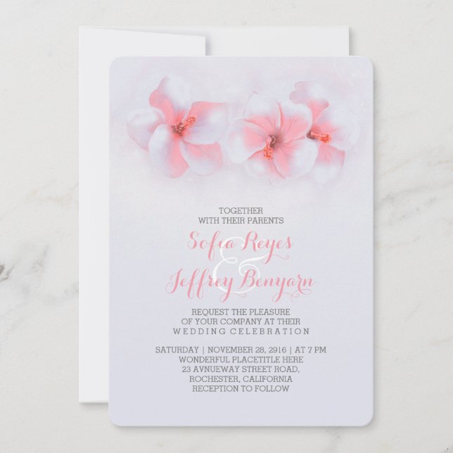 beach wedding coral hibiscus flower invitations (Front)