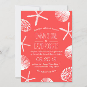 Beach Wedding Coral Red Starfish & Seashells Invitation