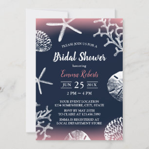 Beach Wedding Coral Reef Navy & Pink Bridal Shower Invitation