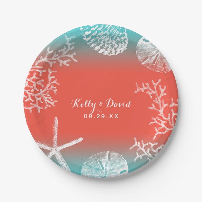 Beach Wedding Coral Reef & Starfish Paper Plate (Front)
