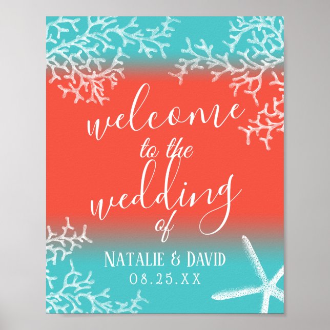 Beach Wedding Coral Reef & Starfish Welcome Sign (Front)