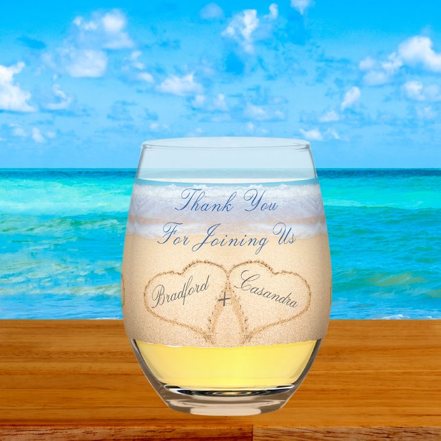  Beach Wedding Couples Names in Hearts in Sand Tha Stemless Wine Glass (Creator Uploaded)