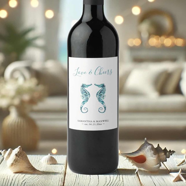 Beach Wedding Custom Wine Bottle Labels Seahorses (Wedding wine labels watercolor blue seahorses by Victoria Grigaliunas of Do Tell A Belle.)
