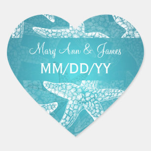 Beach Wedding Date Starfish Blue Heart Sticker