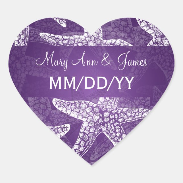Beach Wedding Date Starfish Purple Heart Sticker (Front)