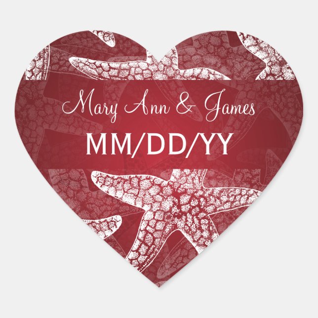 Beach Wedding Date Starfish Red Heart Sticker (Front)