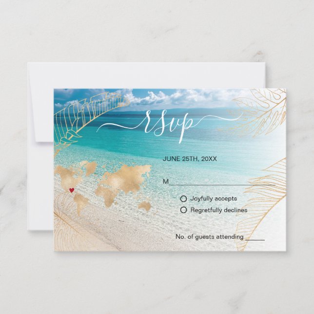 Beach Wedding Destination Passport Gold World Map RSVP Card (Front)