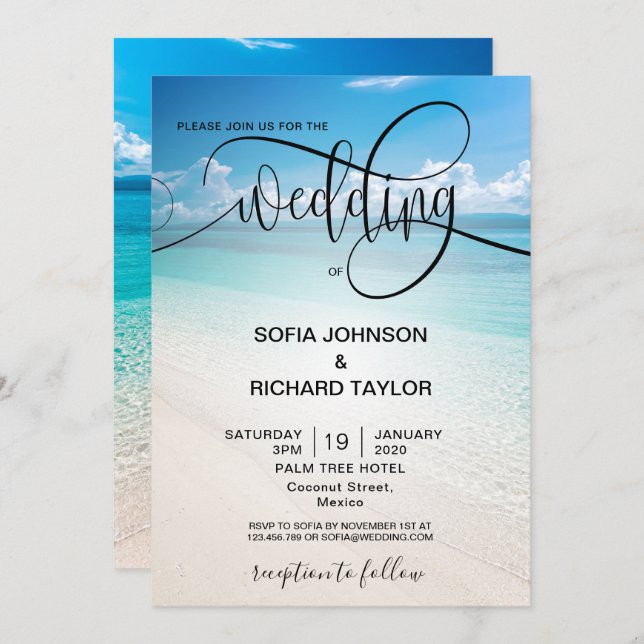 beach wedding destination tropical summer sea invitation (Front/Back)