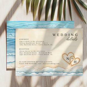Beach Wedding Details Card with Watercolor Hearts