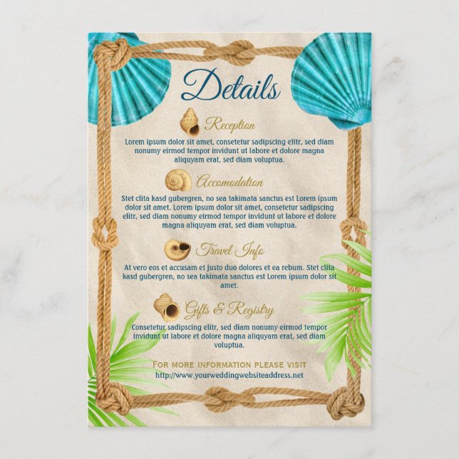 Beach Wedding Details Turquoise Seashell Rope Palm Enclosure Card (Front)