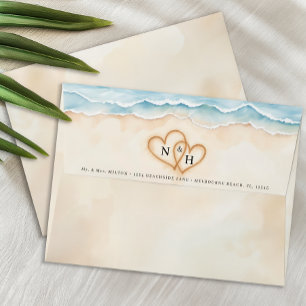 Beach Wedding Envelope with Sand Heart Monogram