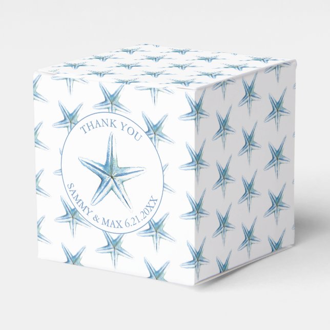 Beach Wedding Favour Boxes Blue Watercolor Starfis (Front Side)
