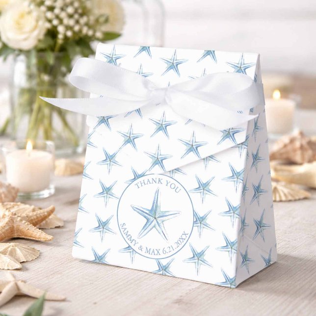 Beach Wedding Favour Boxes Watercolor Starfish (Beach wedding favor boxes designed with watercolor blue starfish pattern.)
