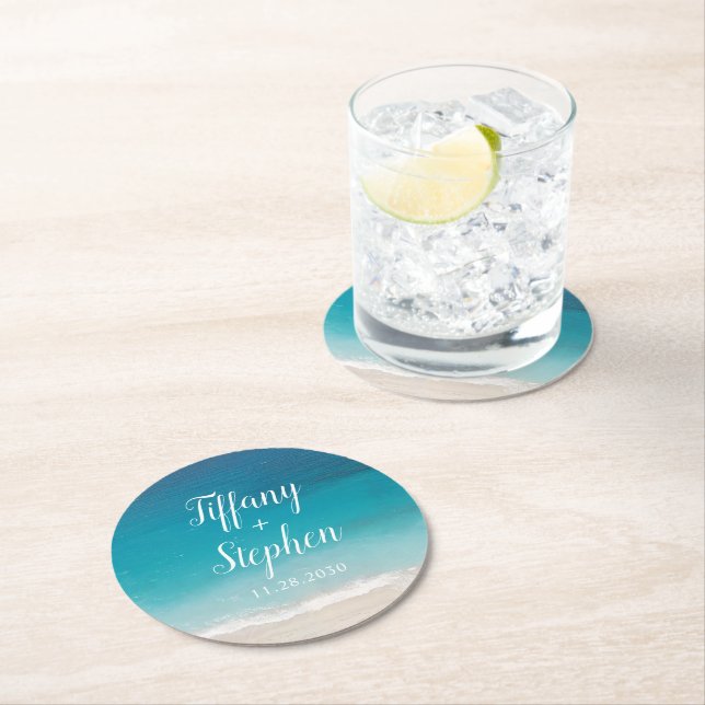 Beach Wedding Favour Keepsake Personalised Round Paper Coaster (Insitu)