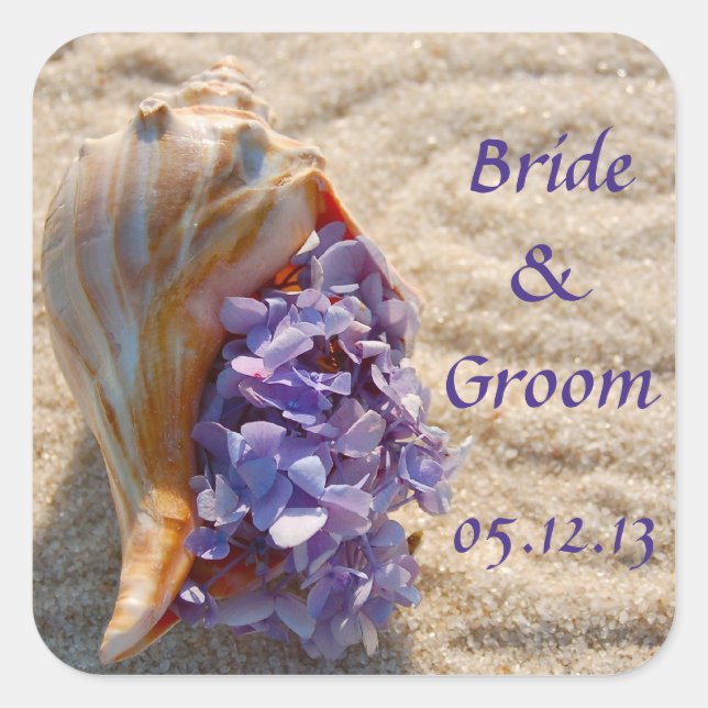 Beach Wedding Favour Sticker: Sea Shell & Hydrange Square Sticker (Front)