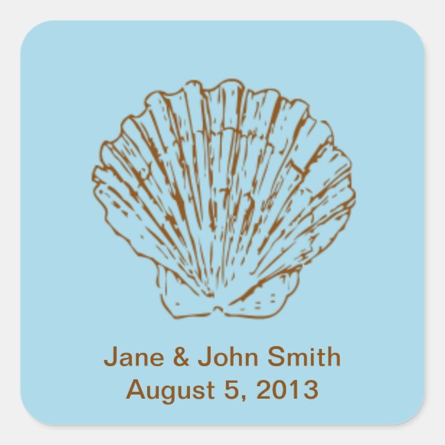 Beach Wedding Favour Stickers: Brown Shell on Blue Square Sticker (Front)