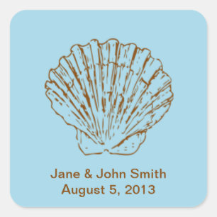 Beach Wedding Favour Stickers: Brown Shell on Blue Square Sticker