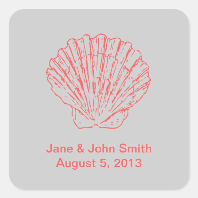 Beach Wedding Favour Stickers: Scallop on Grey Square Sticker (Front)