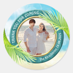 Beach Wedding Favour Your Photo Palm Leaf Tropical Classic Round Sticker