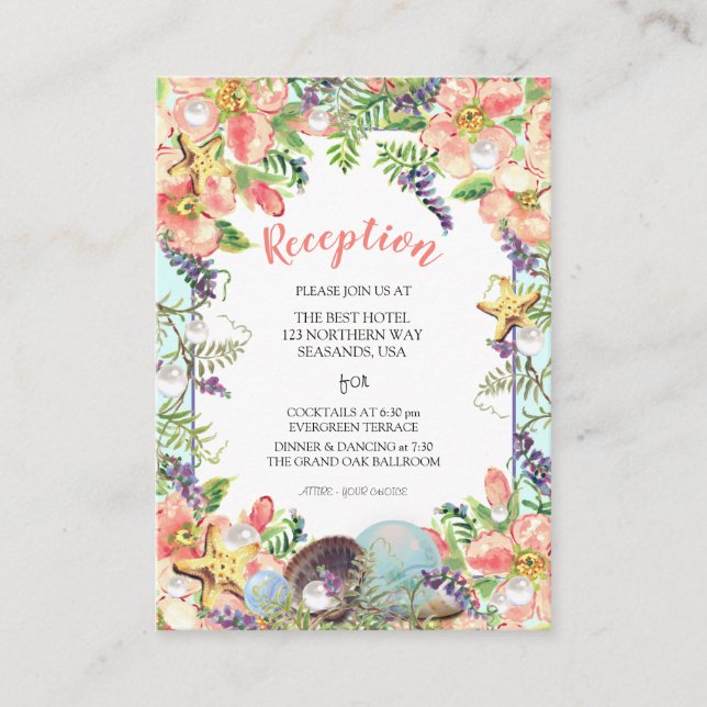Beach Wedding Floral Seashells Coral Reception Enclosure Card (Front)