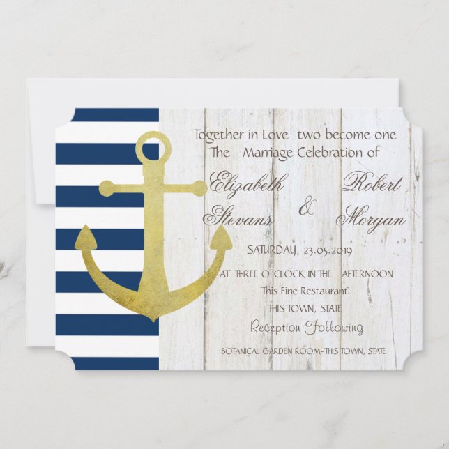 Beach Wedding Gold Anchor,Stripes,Wood  Invitation (Front)
